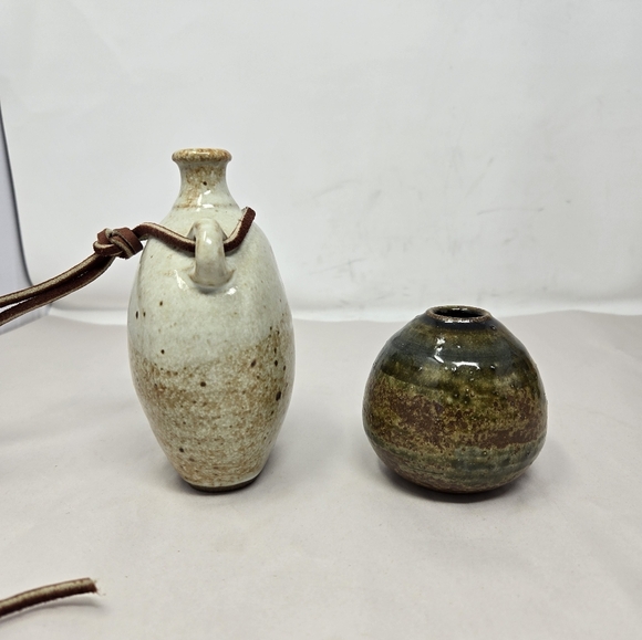 Pottery Handmade Vintage Japenese Small & Medium Vases Tan-leather Tie & Green - Picture 2 of 12